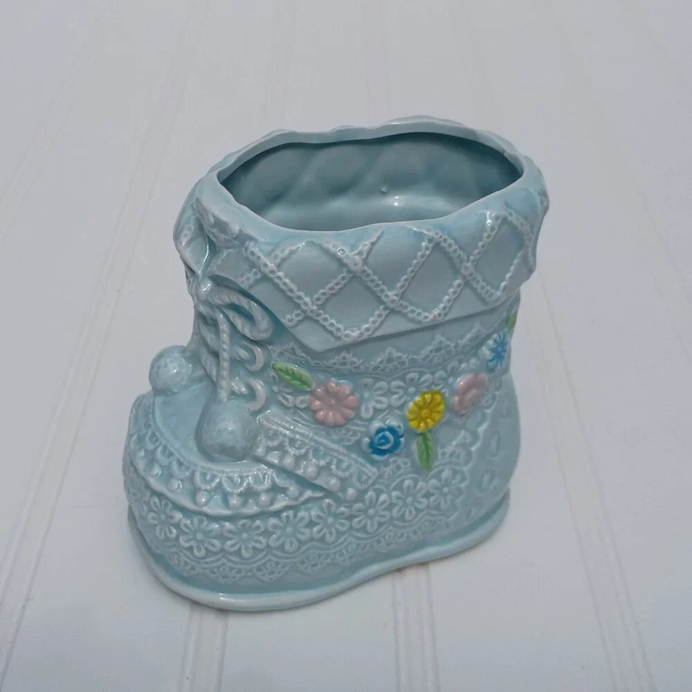 Napco Japan Vintage Baby Bootie Planter Blue Ceramic Laced Flower Mid-Century 4